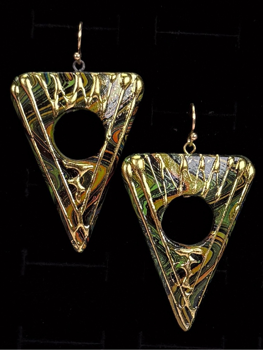 Oversized Wood Pierced Earrings Green Gold Abstract Triangle Dangles